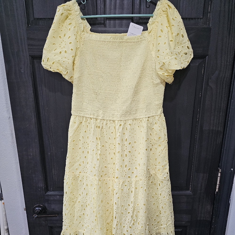 Yellow Eyelet Puff-Sleeve Dress